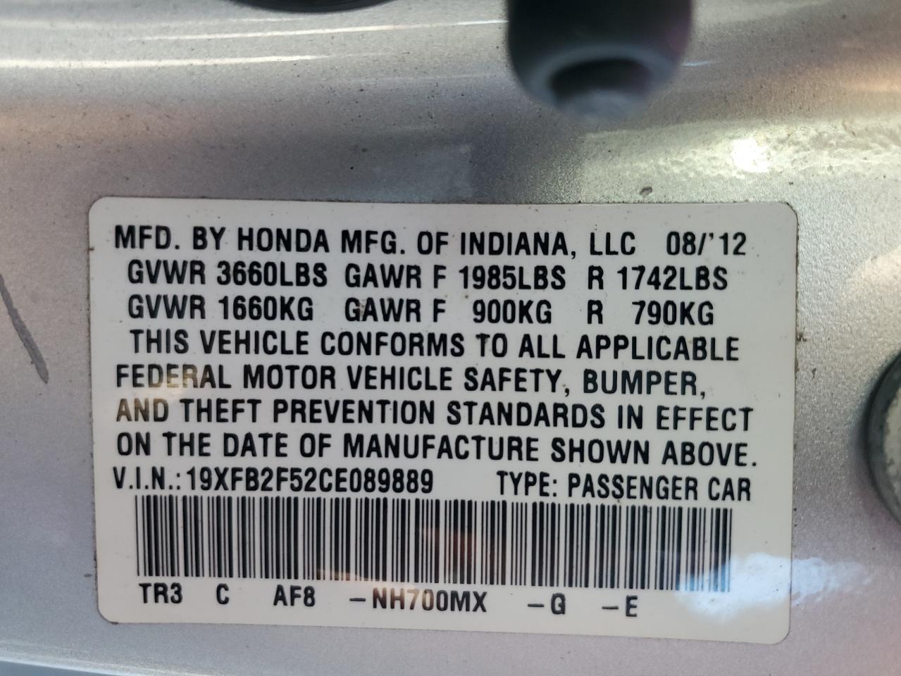 2012 Honda Civic Lx VIN: 19XFB2F52CE089889 Lot: 74786874