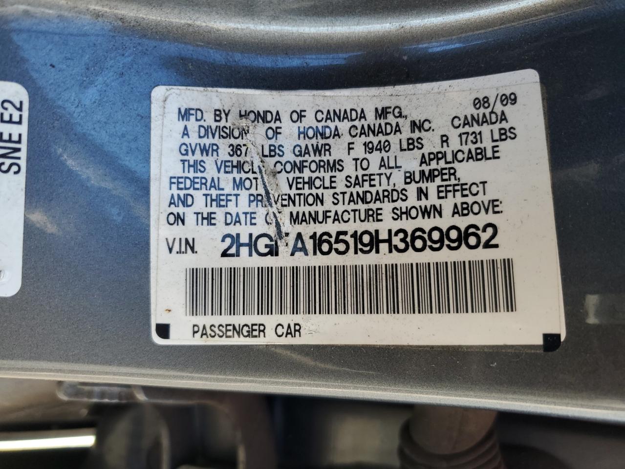 2HGFA16519H369962 2009 Honda Civic Lx