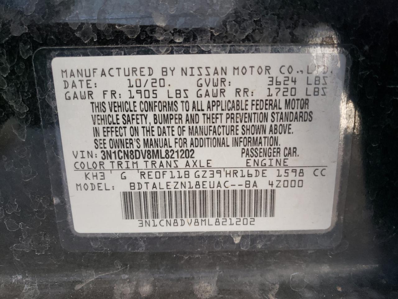 2021 Nissan Versa S VIN: 3N1CN8DV8ML821202 Lot: 75044244