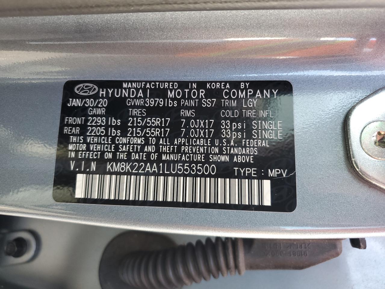 KM8K22AA1LU553500 2020 Hyundai Kona Sel