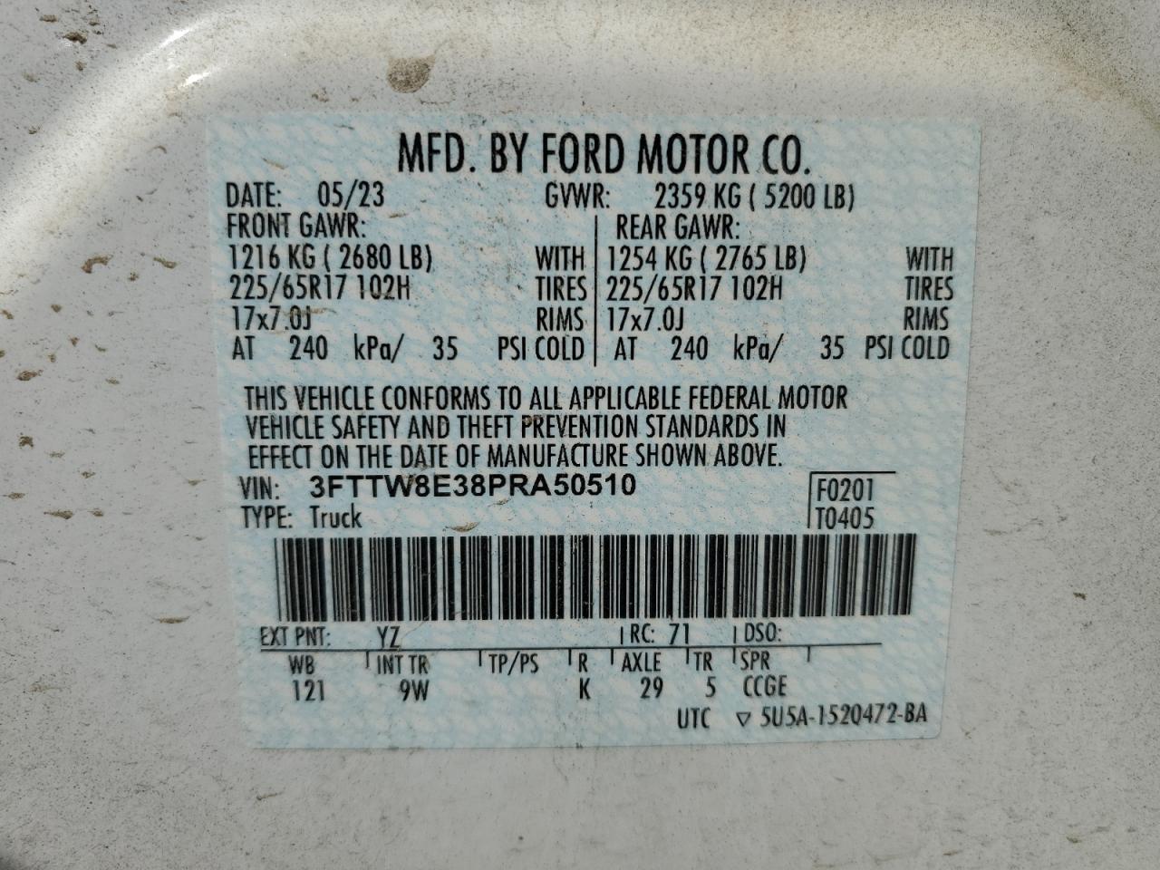 3FTTW8E38PRA50510 2023 Ford Maverick Xl