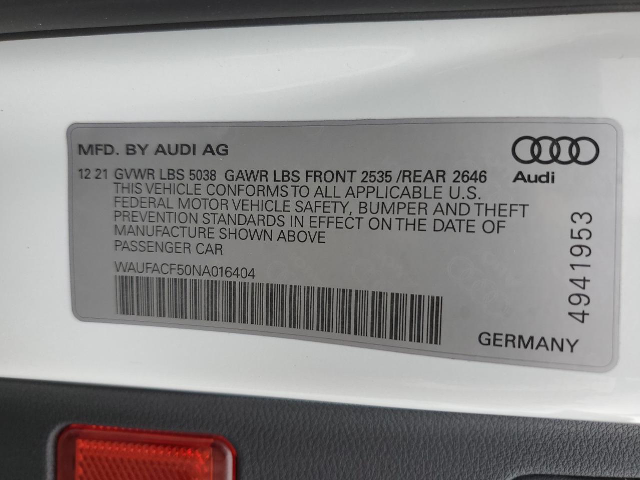 WAUFACF50NA016404 2022 Audi A5 Premium Plus 45