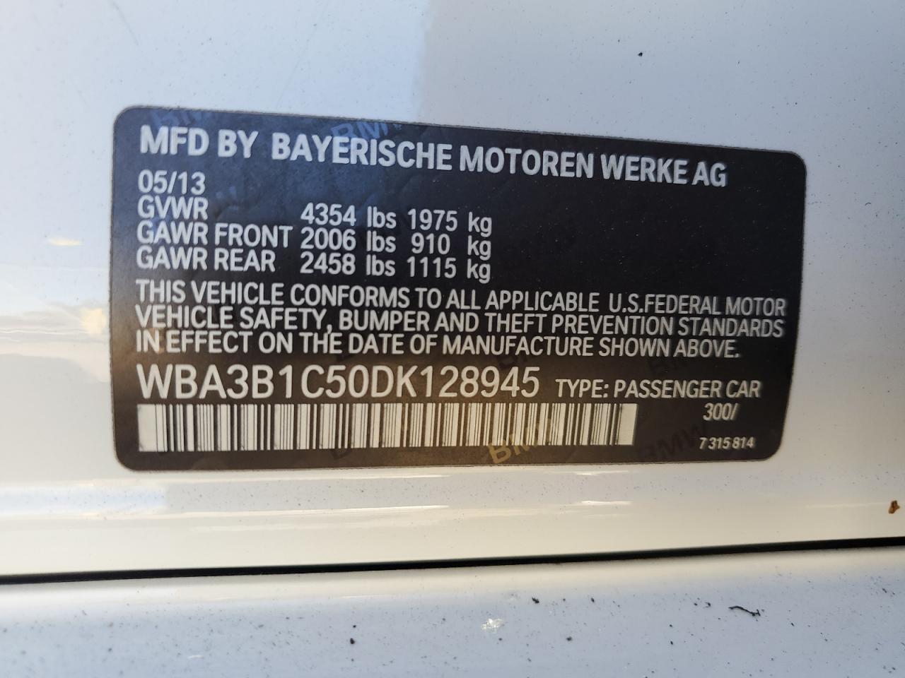 2013 BMW 320 I VIN: WBA3B1C50DK128945 Lot: 76978364