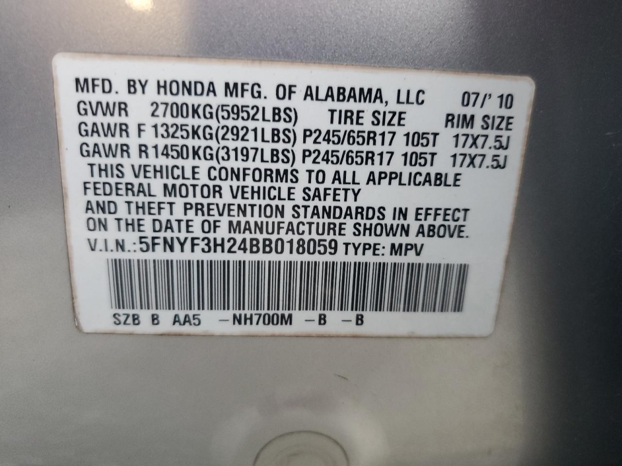 5FNYF3H24BB018059 2011 Honda Pilot Lx