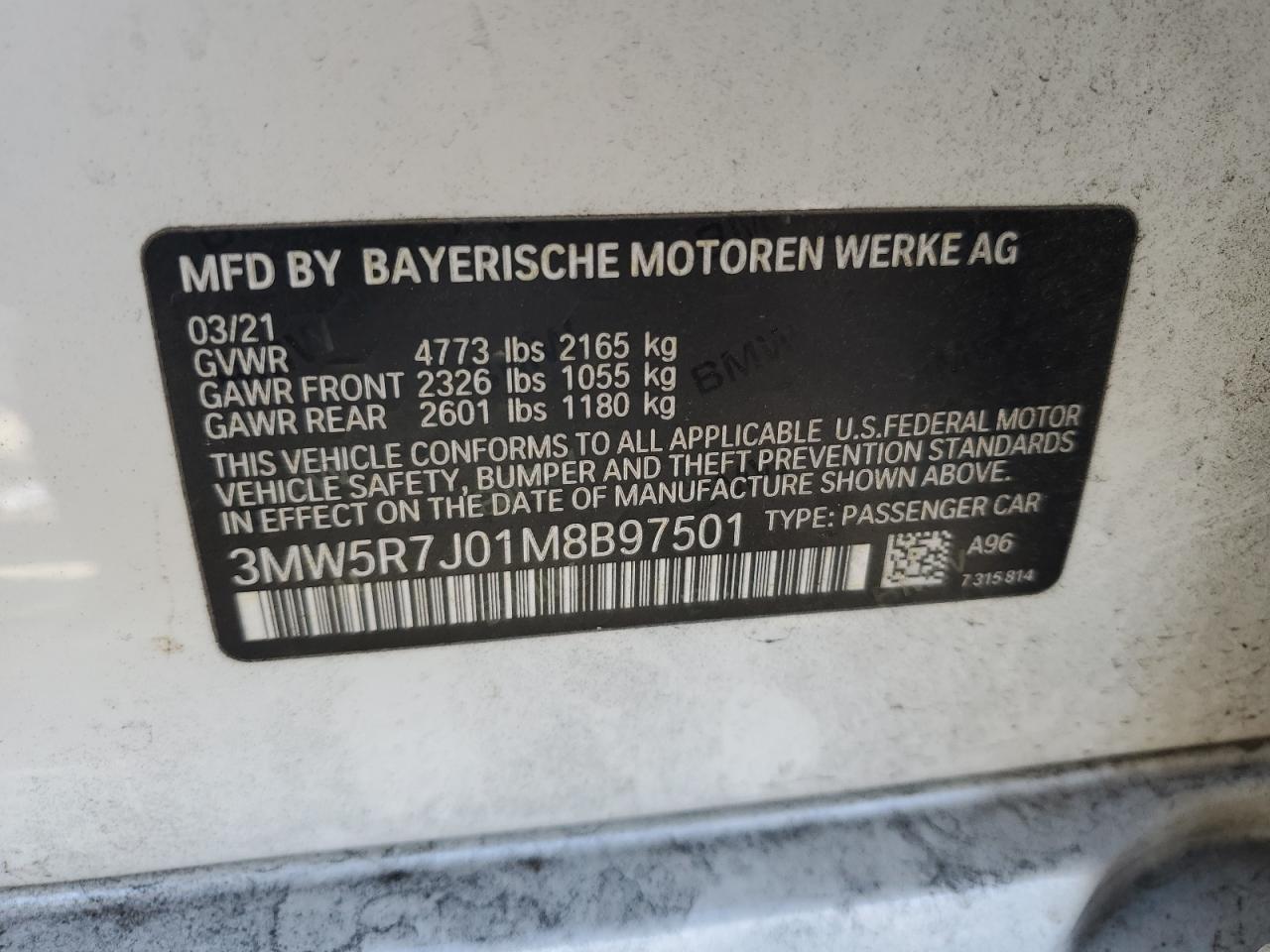 2021 BMW 330Xi VIN: 3MW5R7J01M8B97501 Lot: 76625874