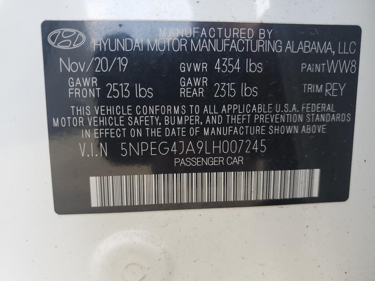 5NPEG4JA9LH007245 2020 Hyundai Sonata Se