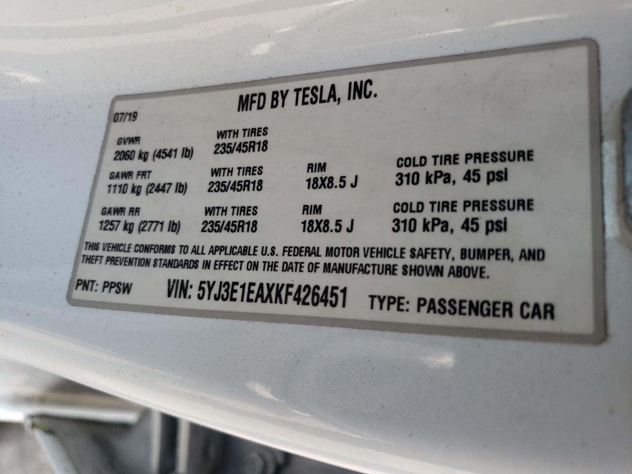 2019 Tesla Model 3 VIN: 5YJ3E1EAXKF426451 Lot: 72082134