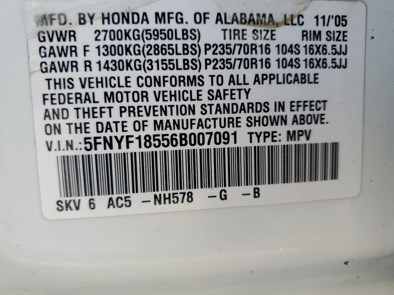 5FNYF18556B007091 2006 Honda Pilot Ex