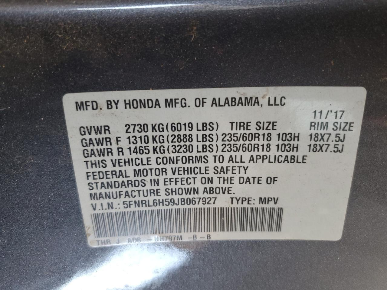 5FNRL6H59JB067927 2018 Honda Odyssey Ex