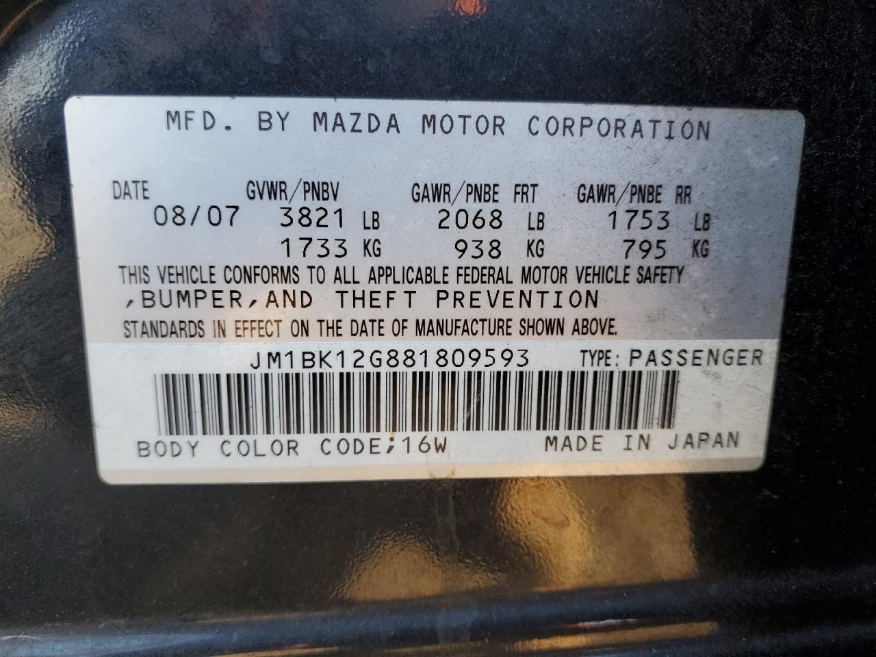 2008 Mazda 3 I VIN: JM1BK12G881809593 Lot: 78067204