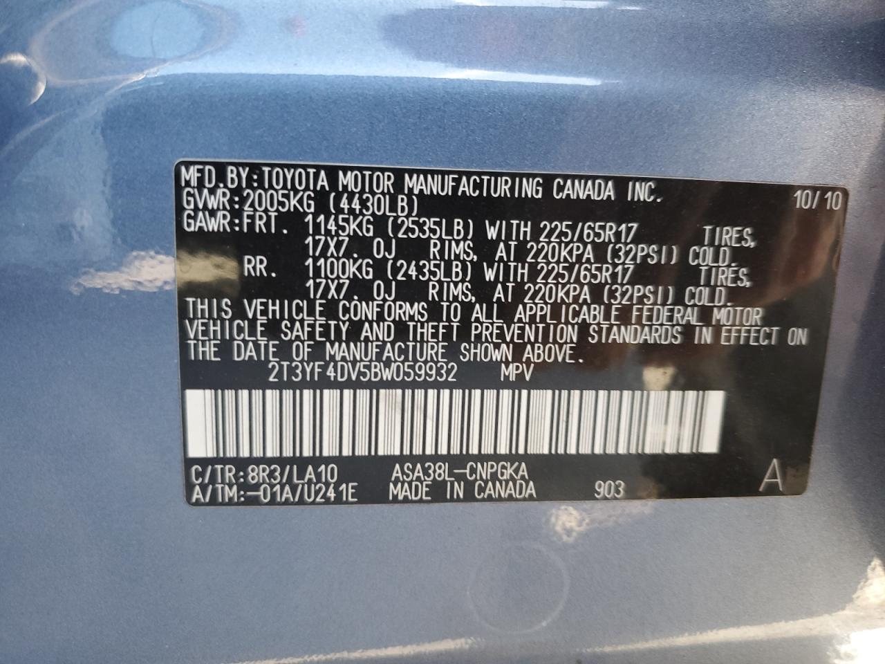 2011 Toyota Rav4 Limited VIN: 2T3YF4DV5BW059932 Lot: 75966444