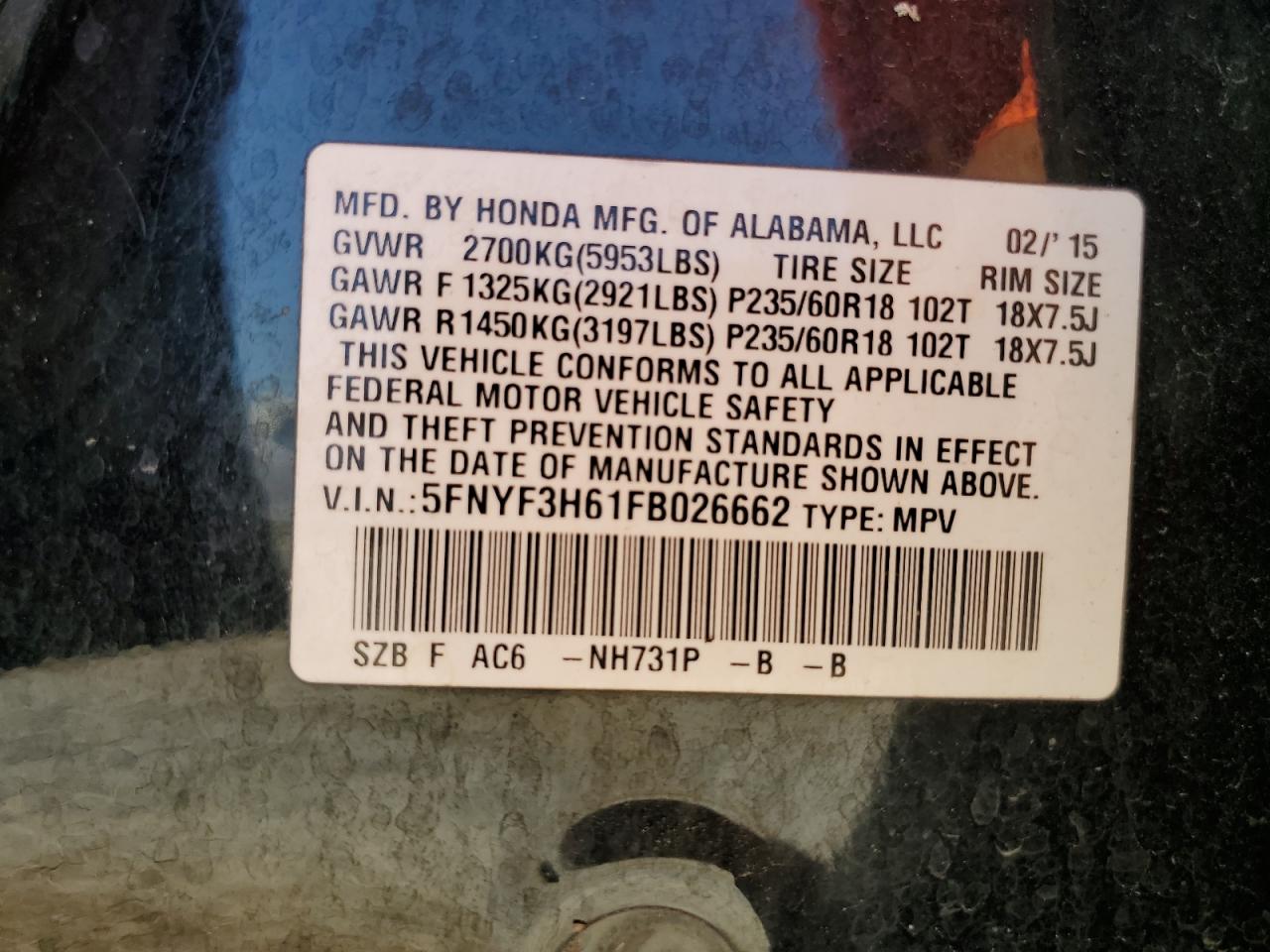 5FNYF3H61FB026662 2015 Honda Pilot Exl