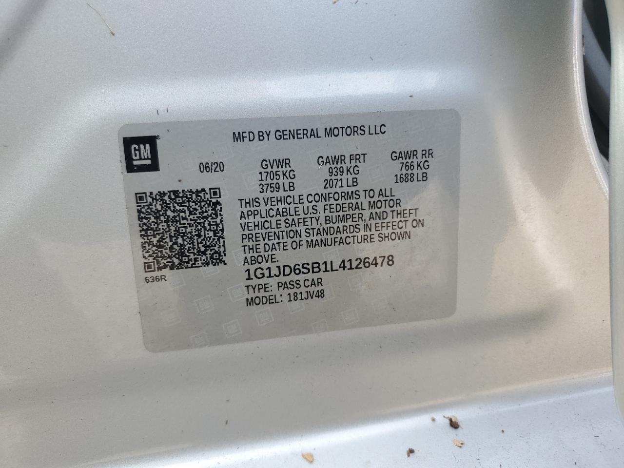 1G1JD6SB1L4126478 2020 Chevrolet Sonic Lt