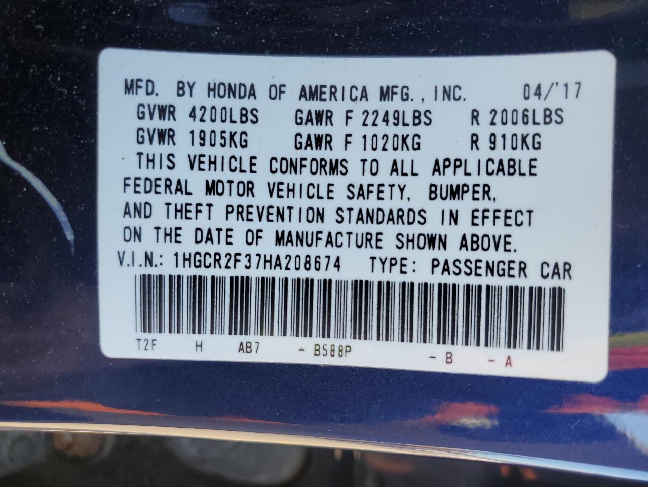 1HGCR2F37HA208674 2017 Honda Accord Lx