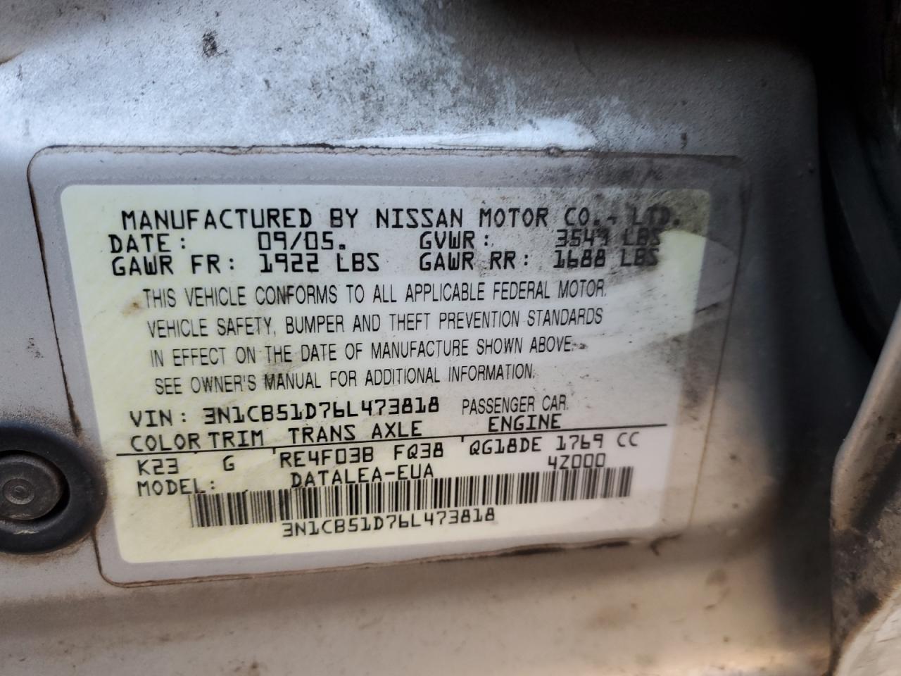 2006 Nissan Sentra 1.8 VIN: 3N1CB51D76L473818 Lot: 76911984