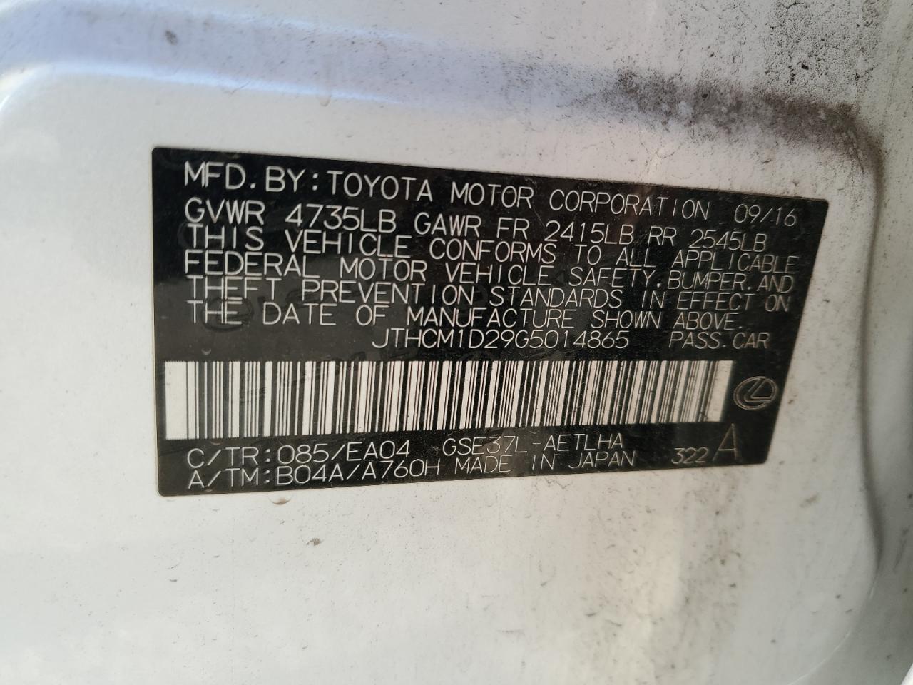 JTHCM1D29G5014865 2016 Lexus Is 300