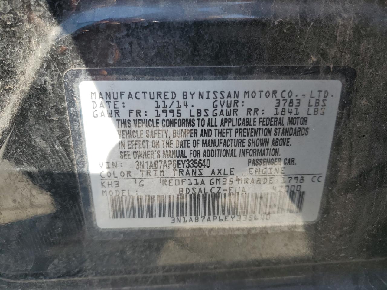 2014 Nissan Sentra S VIN: 3N1AB7AP6EY335640 Lot: 75463354