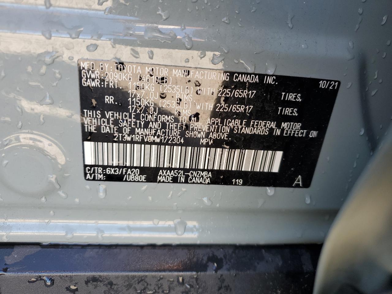 2T3W1RFV0MW172304 2021 Toyota Rav4 Xle