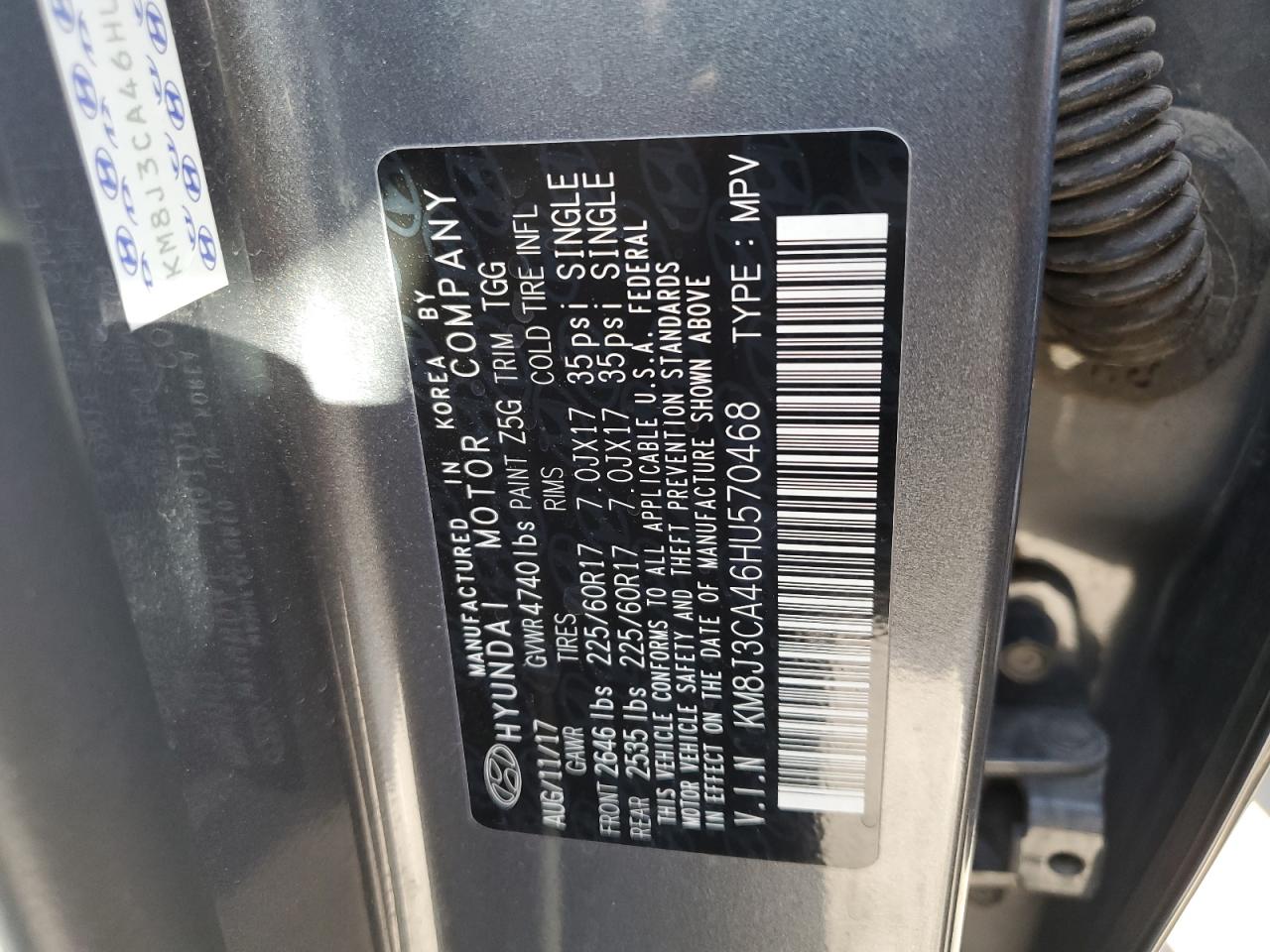 KM8J3CA46HU570468 2017 Hyundai Tucson Limited