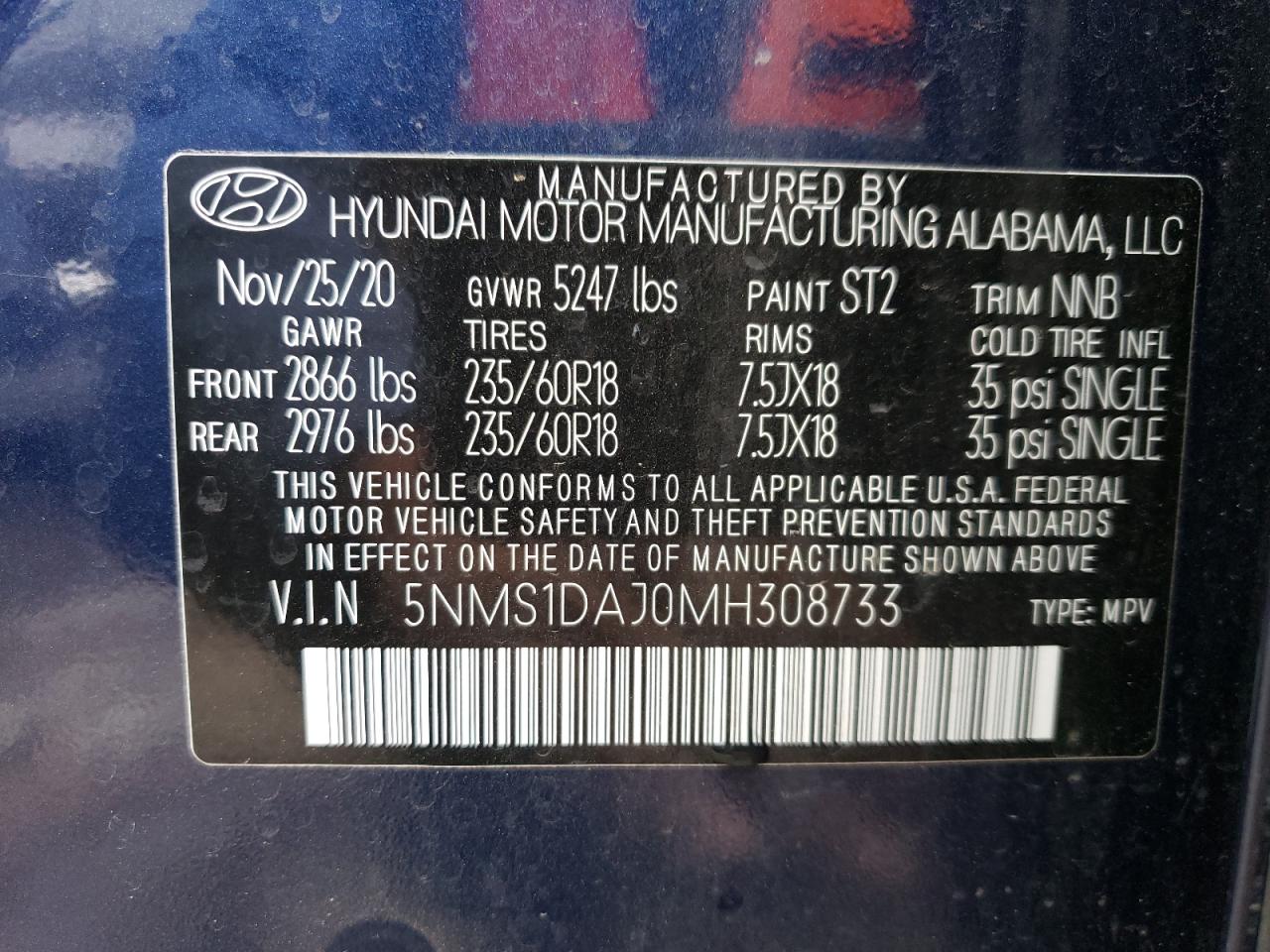 2021 Hyundai Santa Fe Se VIN: 5NMS1DAJ0MH308733 Lot: 78333534