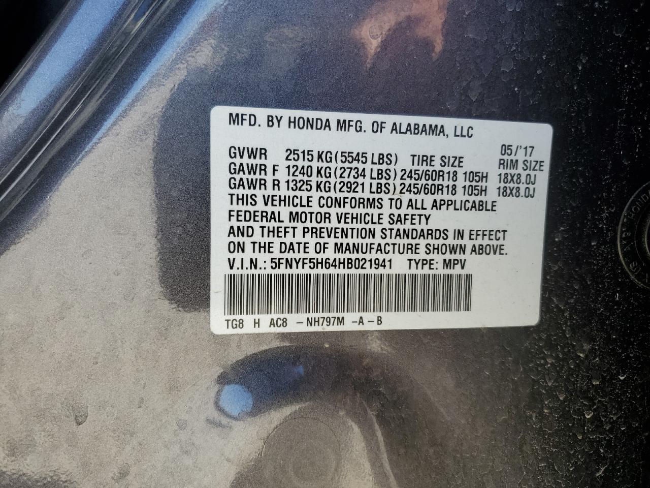 2017 Honda Pilot Exl VIN: 5FNYF5H64HB021941 Lot: 75251144