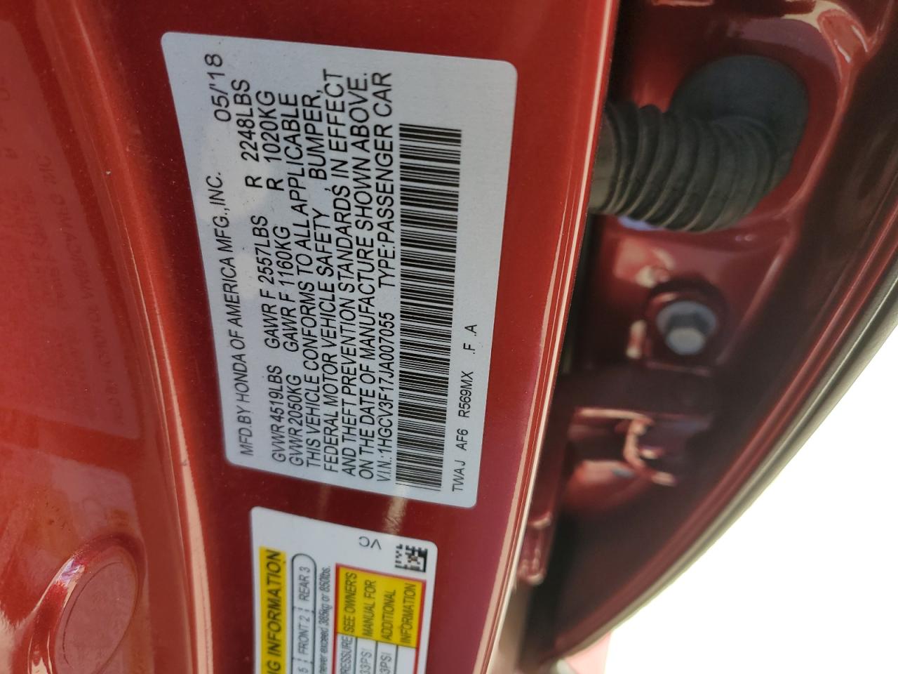 1HGCV3F17JA007055 2018 Honda Accord Hybrid