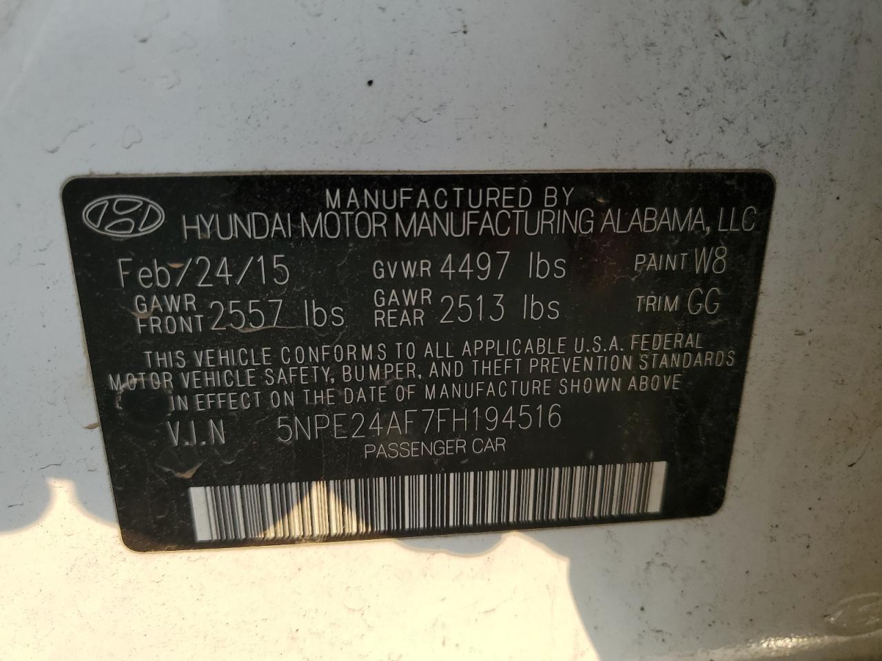 5NPE24AF7FH194516 2015 Hyundai Sonata Se