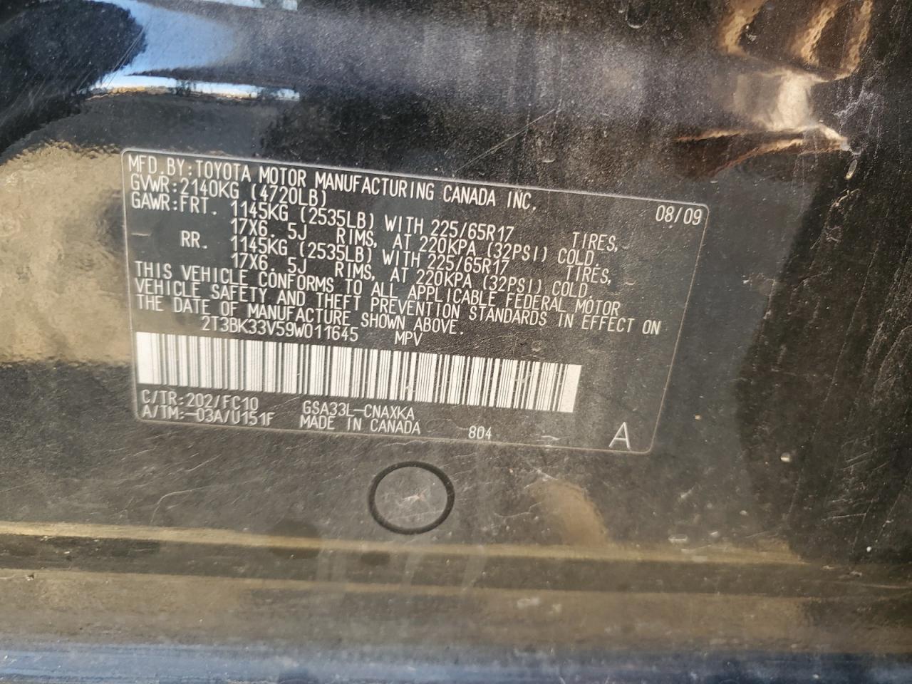 2009 Toyota Rav4 VIN: 2T3BK33V59W011645 Lot: 74784014