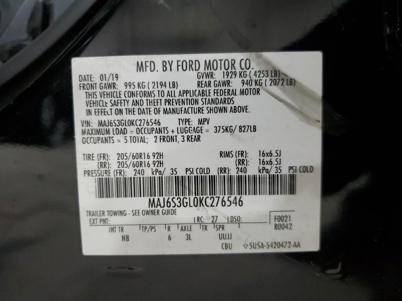 MAJ6S3GL0KC276546 2019 Ford Ecosport Se