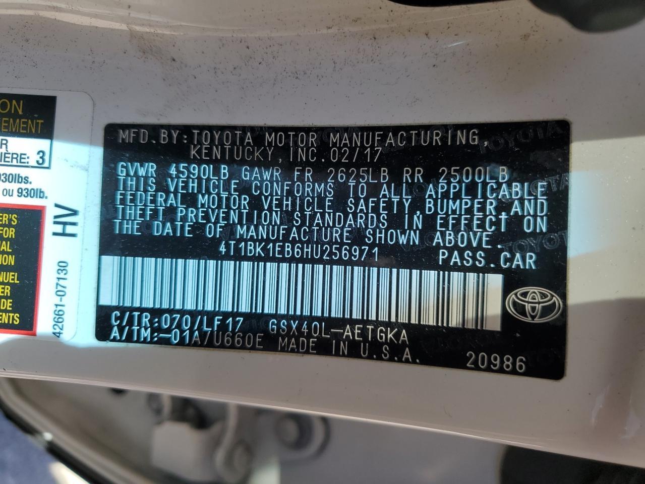 VIN 4T1BK1EB6HU256971 2017 TOYOTA AVALON no.12