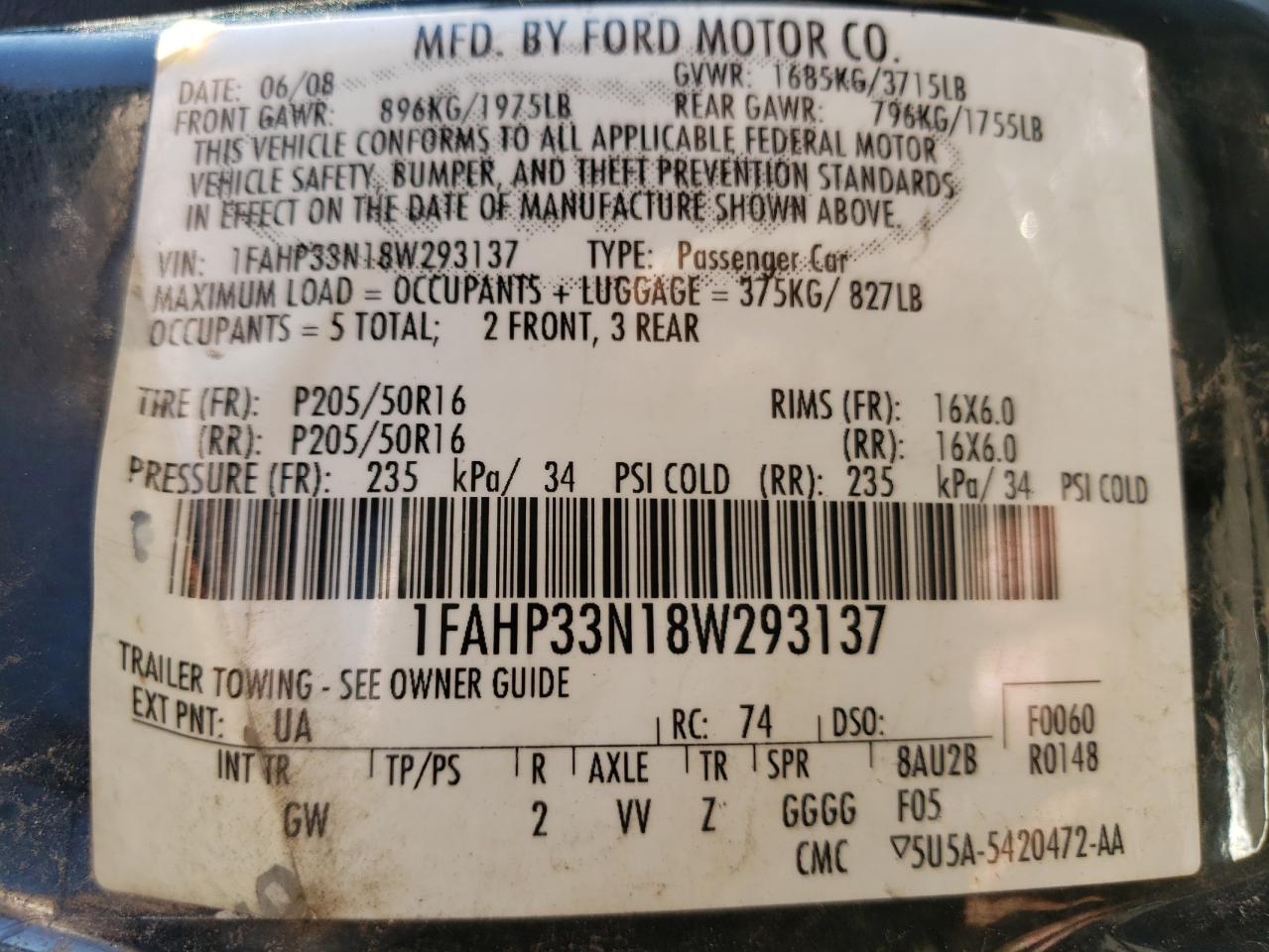 2008 Ford Focus Se VIN: 1FAHP33N18W293137 Lot: 73750934