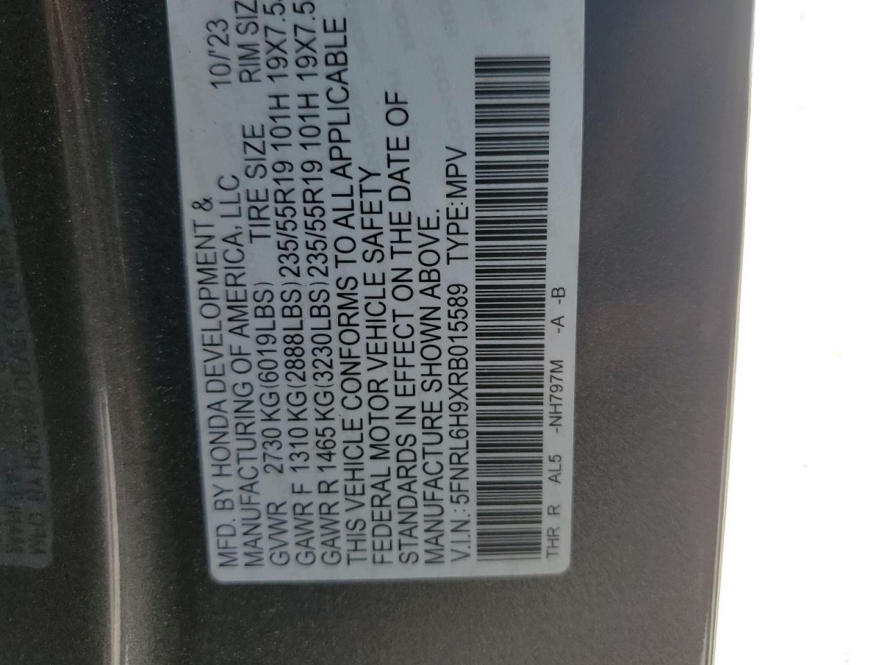 VIN 5FNRL6H9XRB015589 2024 HONDA ODYSSEY no.13