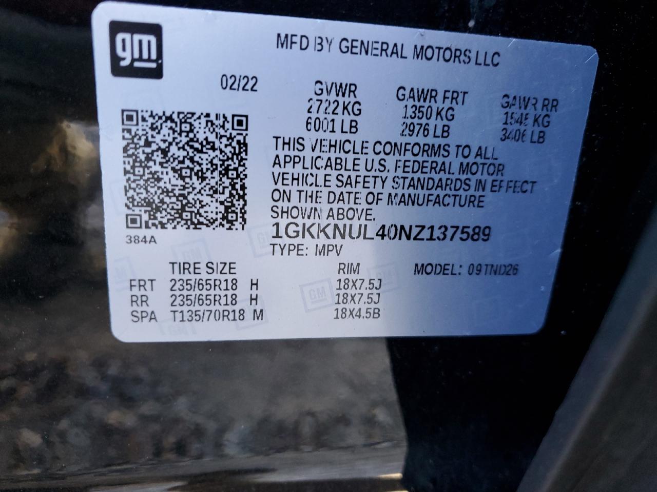 1GKKNUL40NZ137589 2022 GMC Acadia Slt