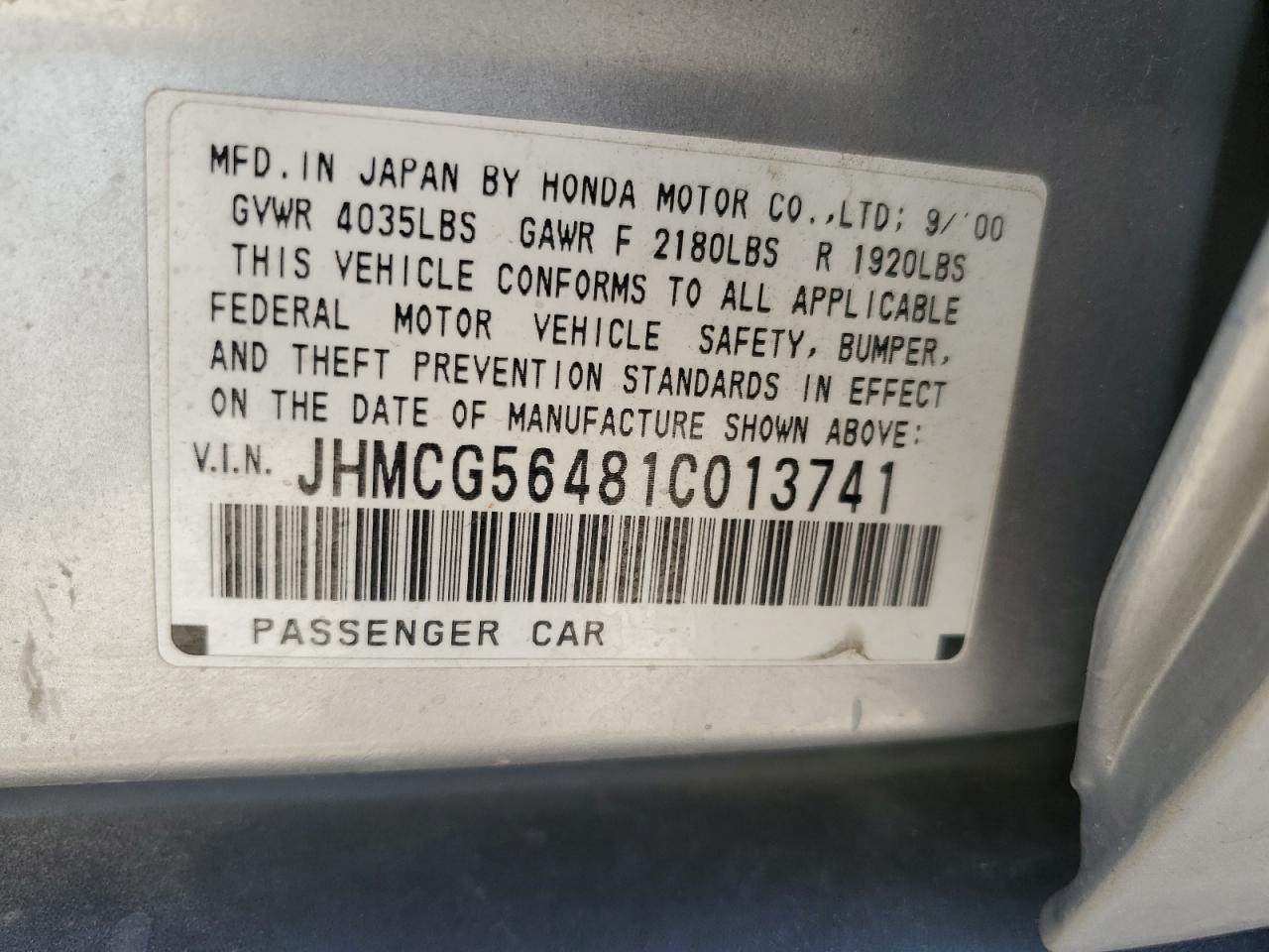 2001 Honda Accord Lx VIN: JHMCG56481C013741 Lot: 76307894