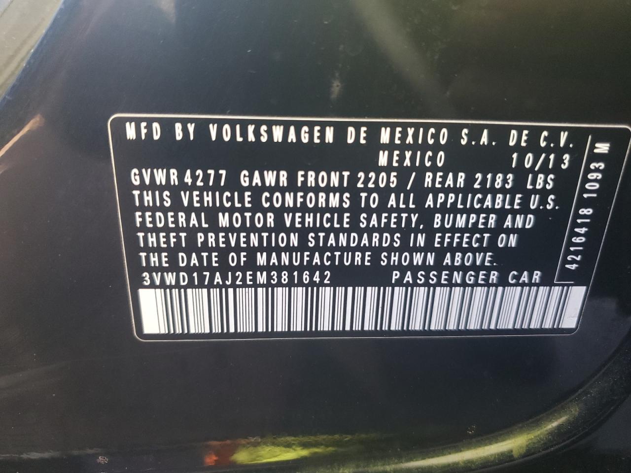 2014 Volkswagen Jetta Se VIN: 3VWD17AJ2EM381642 Lot: 74774004