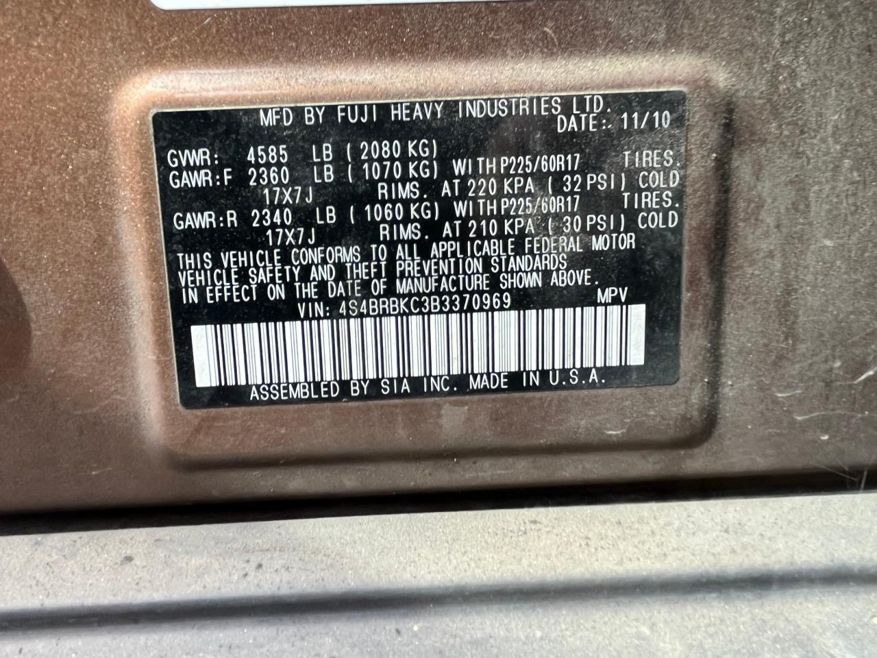 2011 Subaru Outback 2.5I Limited VIN: 4S4BRBKC3B3370969 Lot: 72015224