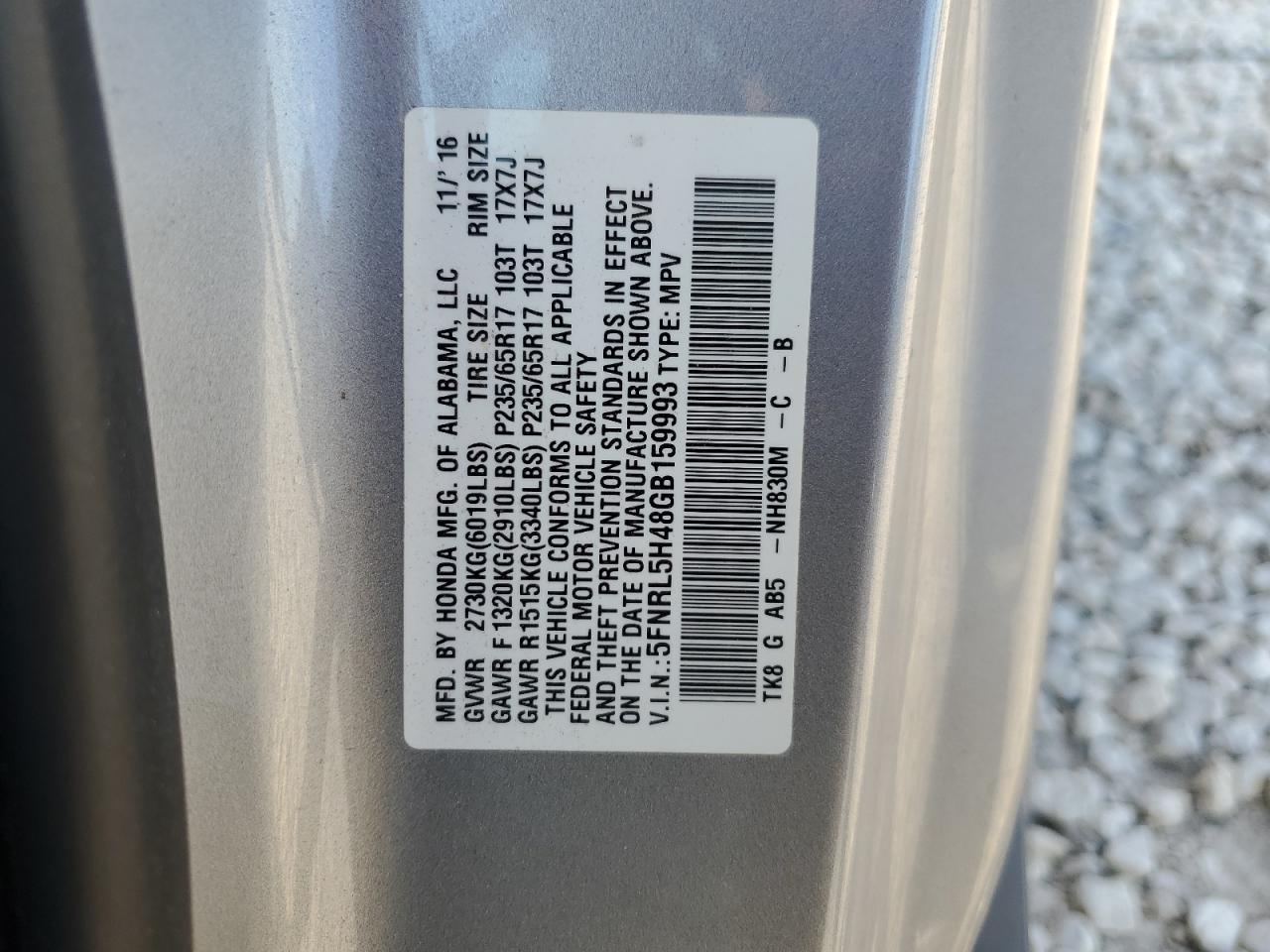 5FNRL5H48GB159993 2016 Honda Odyssey Ex