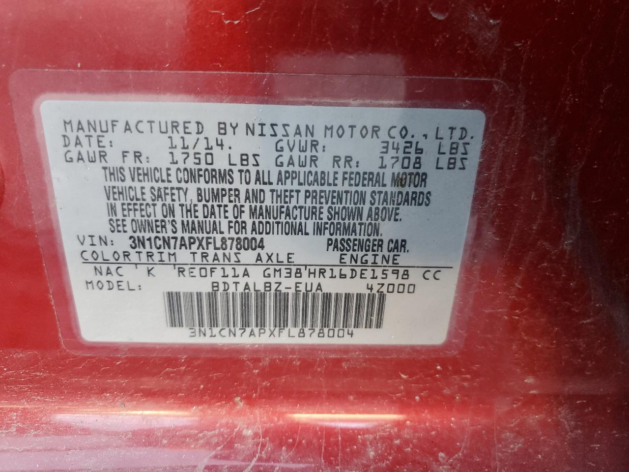 3N1CN7APXFL878004 2015 Nissan Versa S