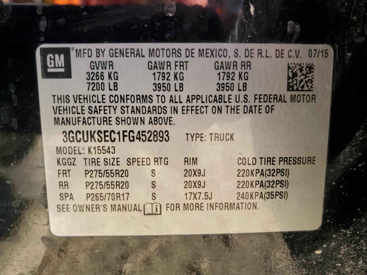 3GCUKSEC1FG452893 2015 Chevrolet Silverado K1500 Ltz