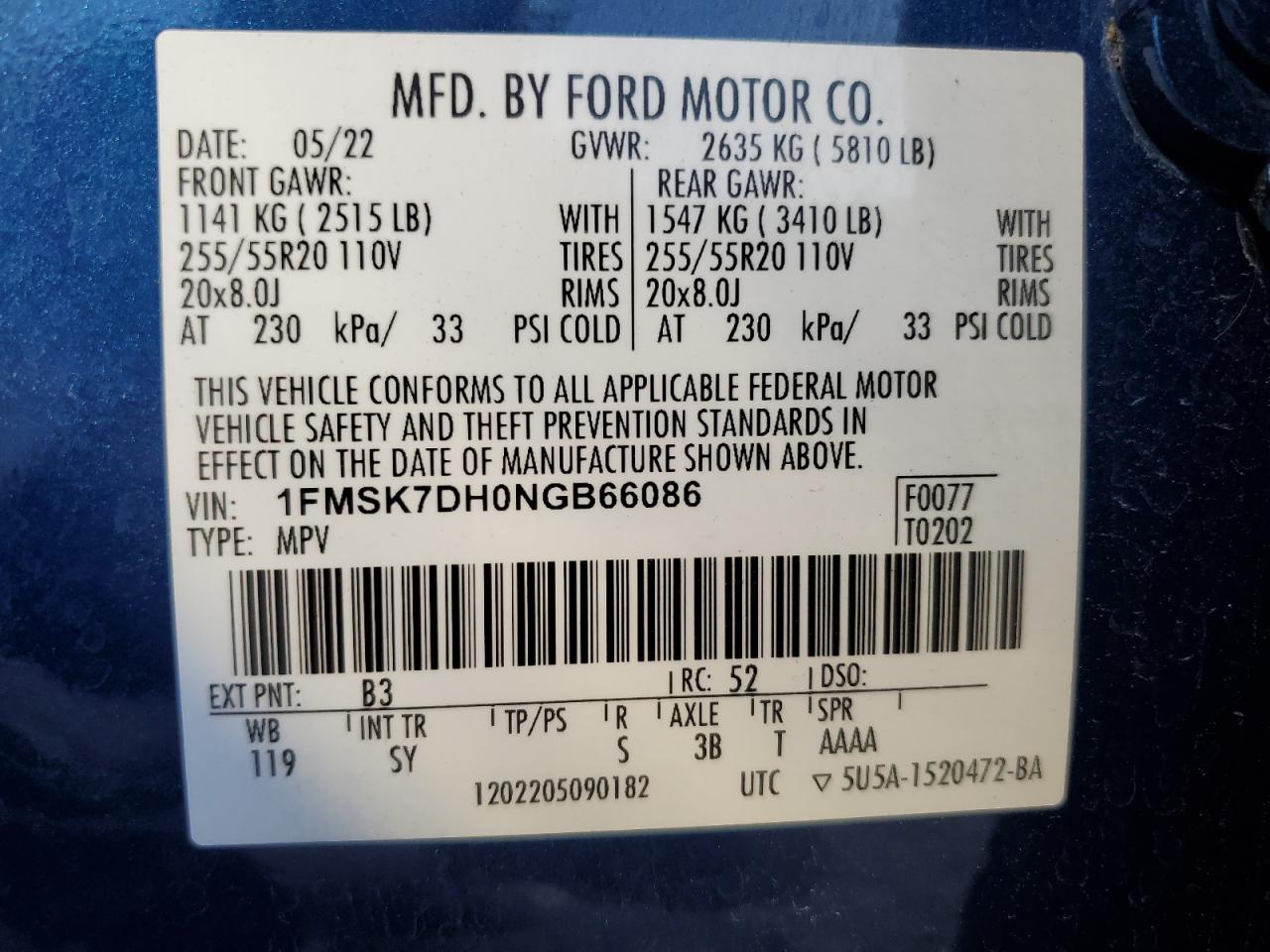 2022 Ford Explorer Xlt VIN: 1FMSK7DH0NGB66086 Lot: 73049594