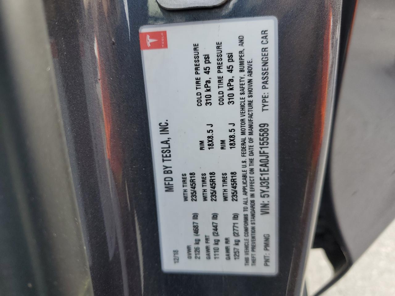 2018 Tesla Model 3 VIN: 5YJ3E1EA0JF155589 Lot: 73507644