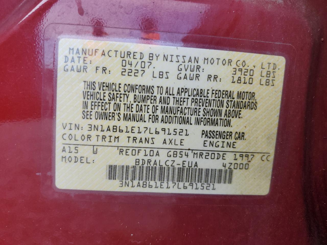 2007 Nissan Sentra 2.0 VIN: 3N1AB61E17L691521 Lot: 75819324