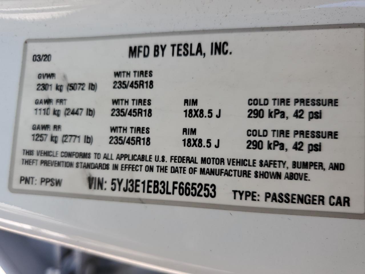 5YJ3E1EB3LF665253 2020 TESLA MODEL 3 - Image 10