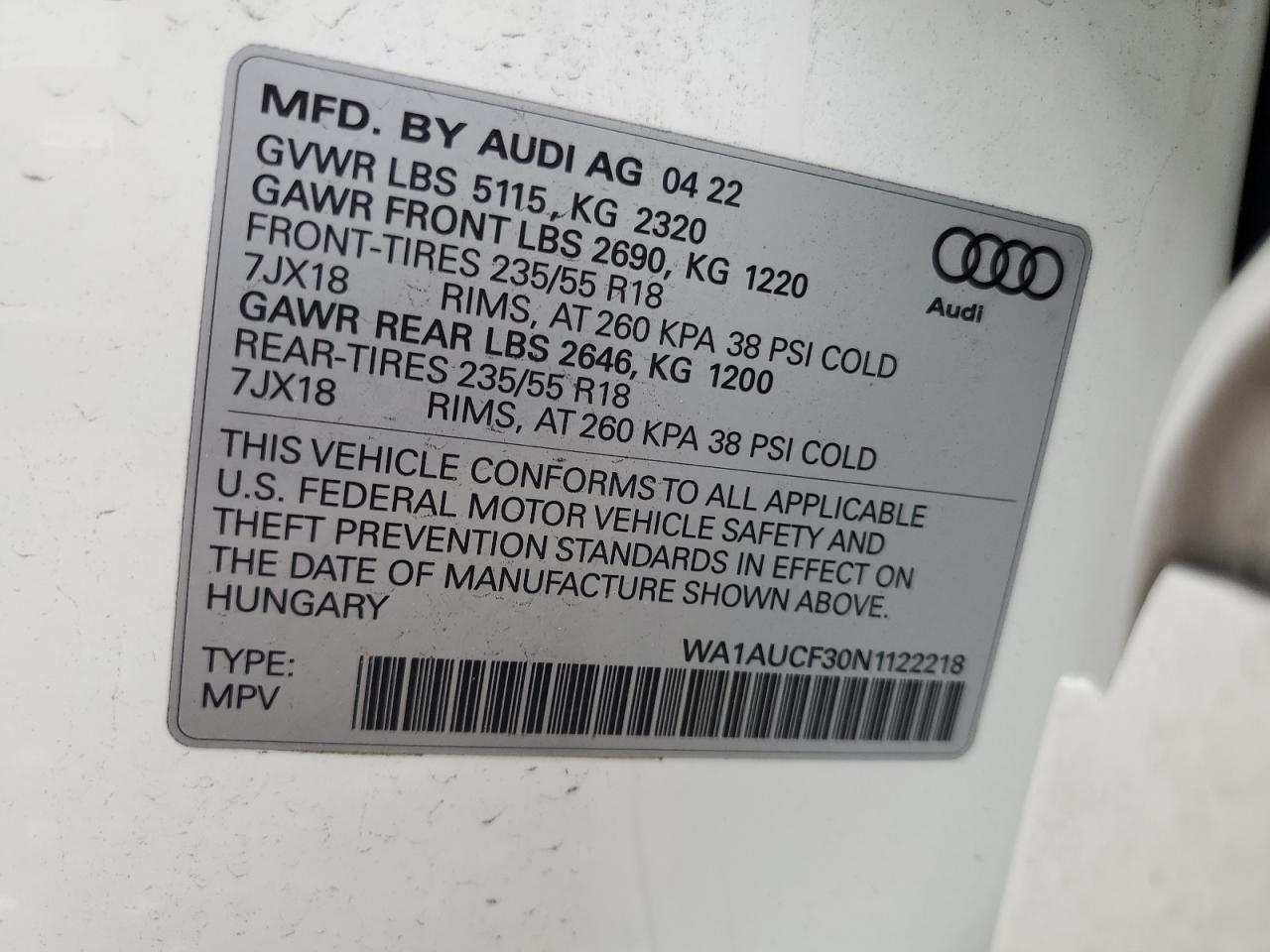 2022 Audi Q3 Premium 40 VIN: WA1AUCF30N1122218 Lot: 76286484