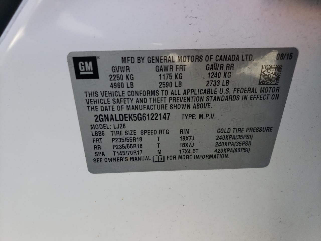 2GNALDEK5G6122147 2016 Chevrolet Equinox Ltz