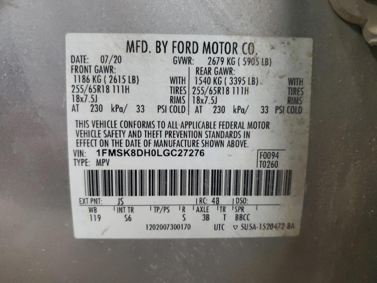 VIN 1FMSK8DH0LGC27276 2020 FORD EXPLORER no.13