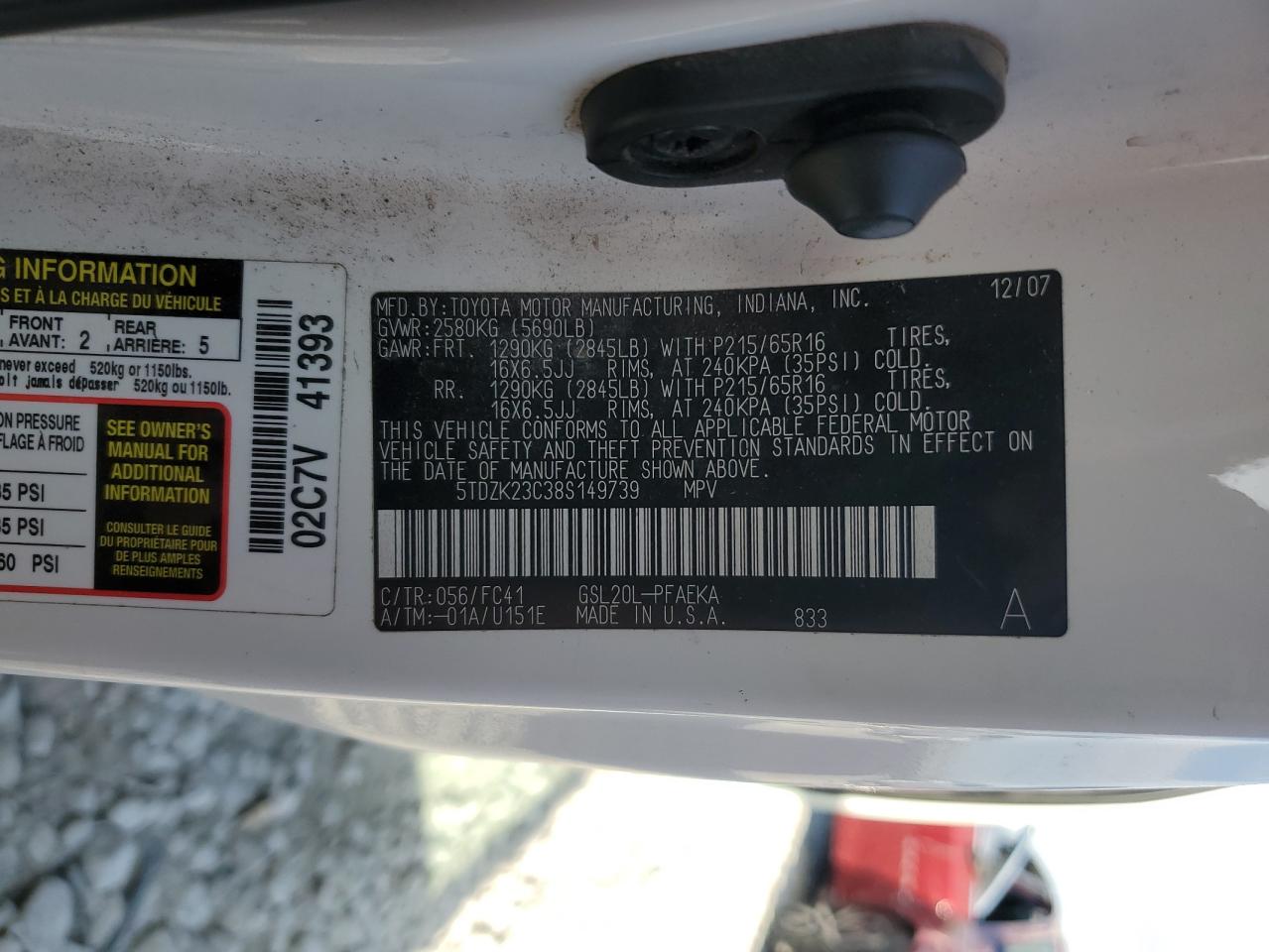 5TDZK23C38S149739 2008 Toyota Sienna Ce