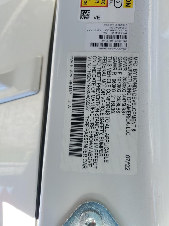 2022 Honda Accord Sport VIN: 1HGCV1F36NA065587 Lot: 74784864