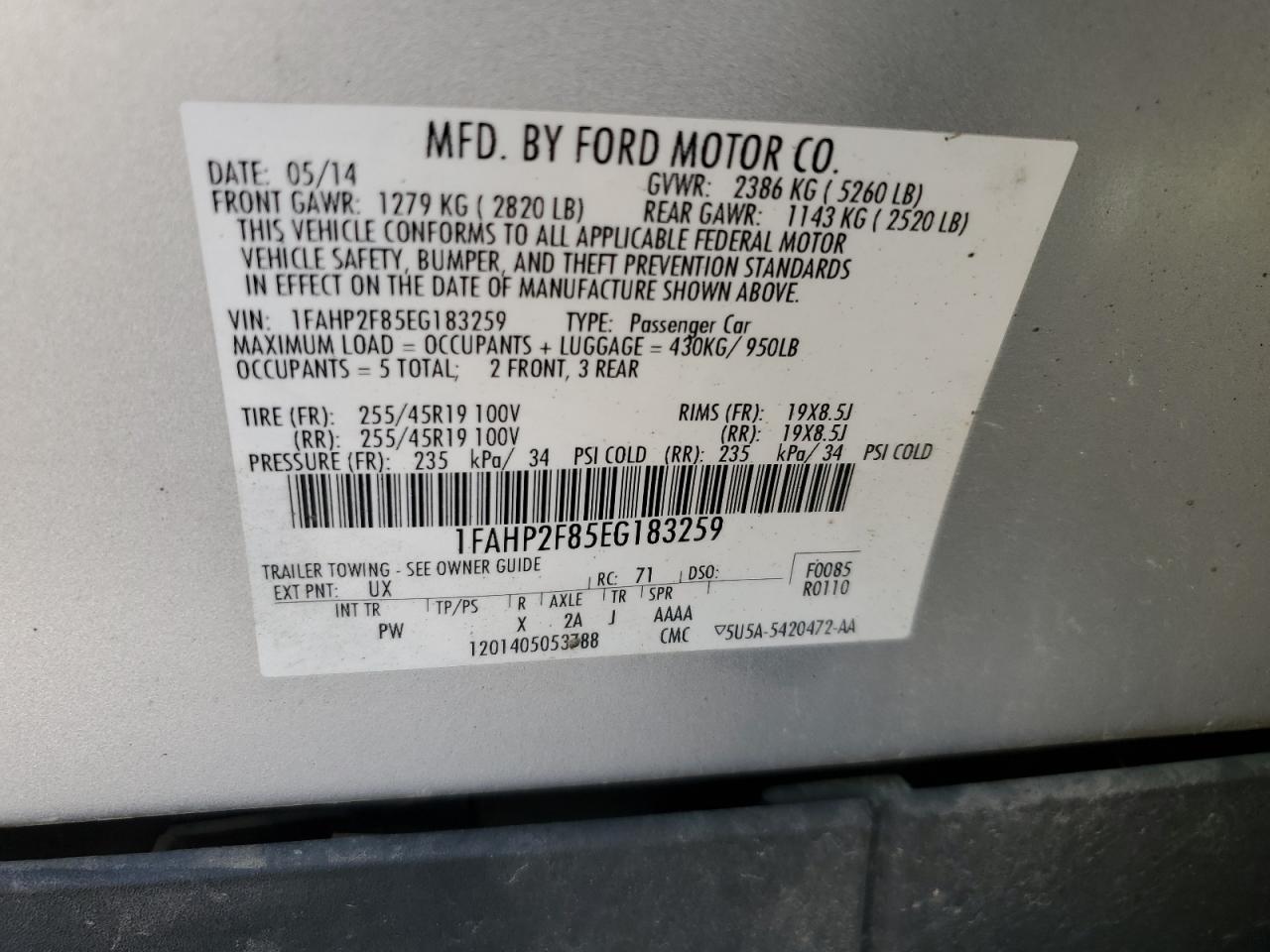 1FAHP2F85EG183259 2014 Ford Taurus Limited