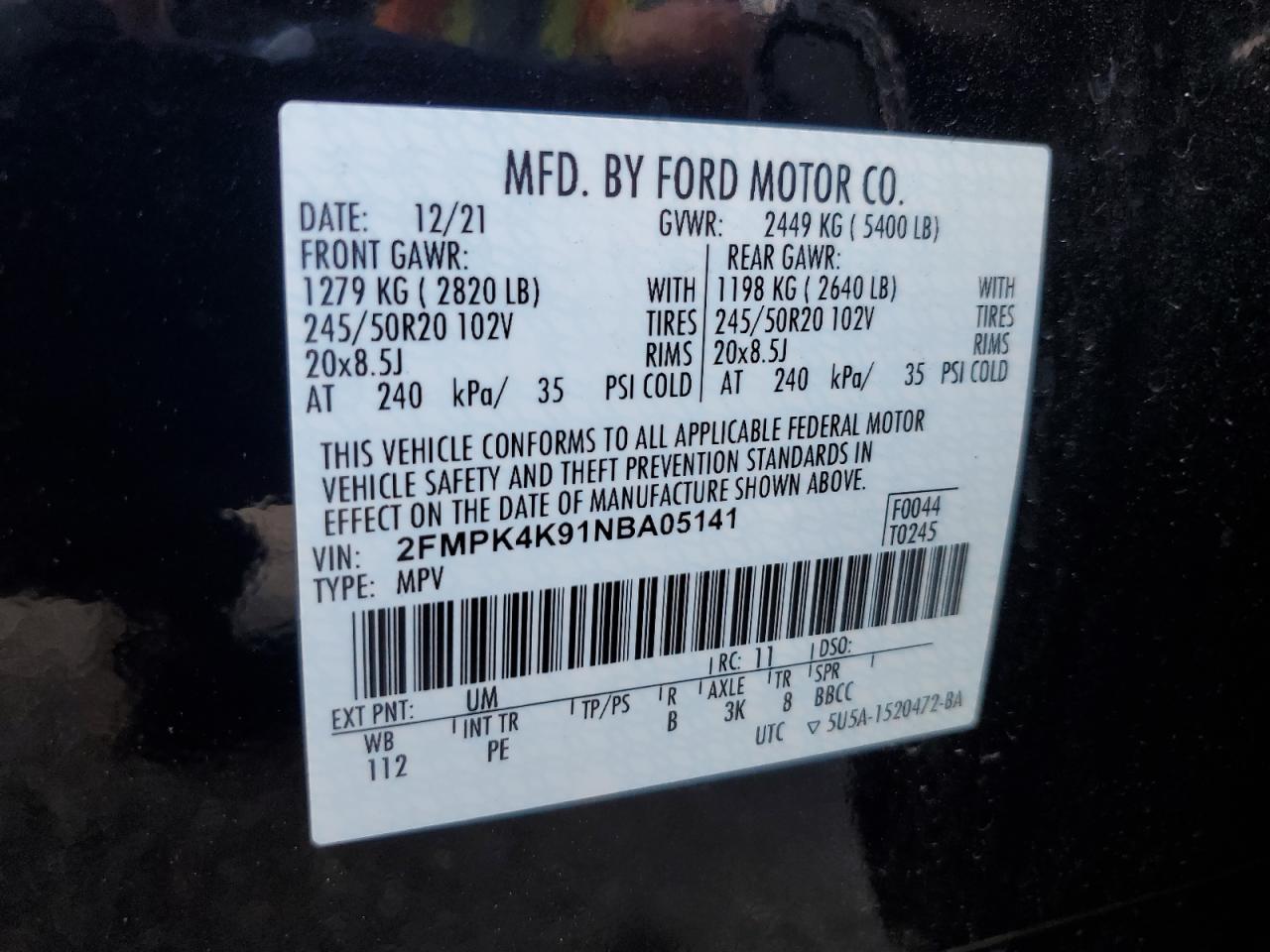 VIN 2FMPK4K91NBA05141 2022 FORD EDGE no.13